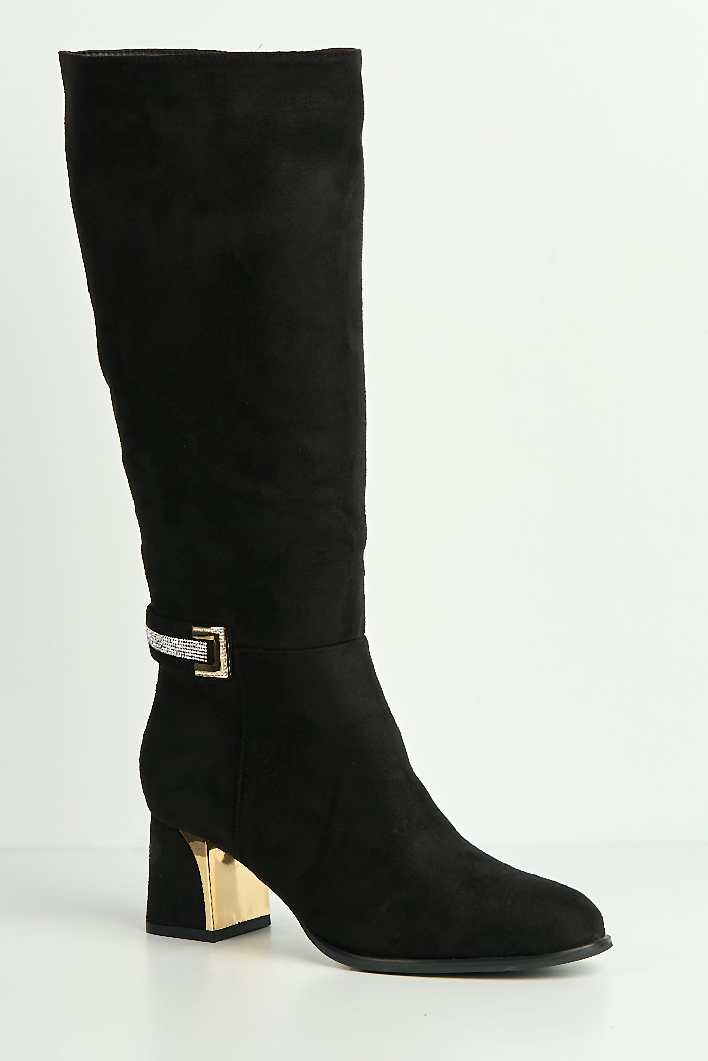 Serenity Gold & Diamante Trim Block Heel Knee High Boots In Black CARAMEL2-BLKSU
