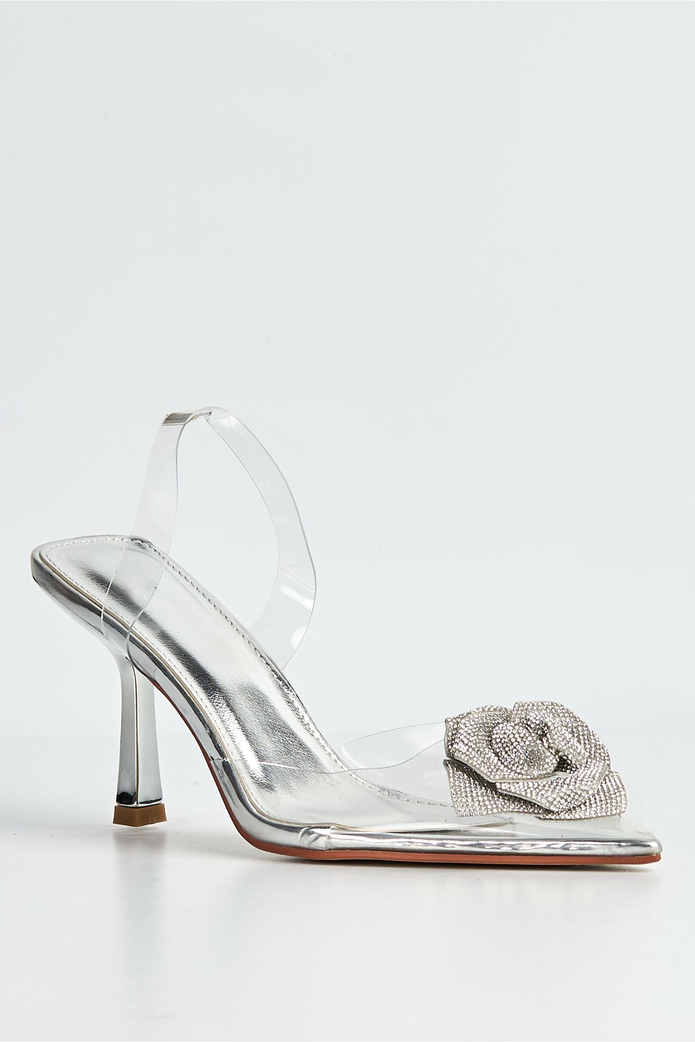 Rosela Diamante Rose Detail Pointed Toe Perspex Heels In Silver GT-1-SVR