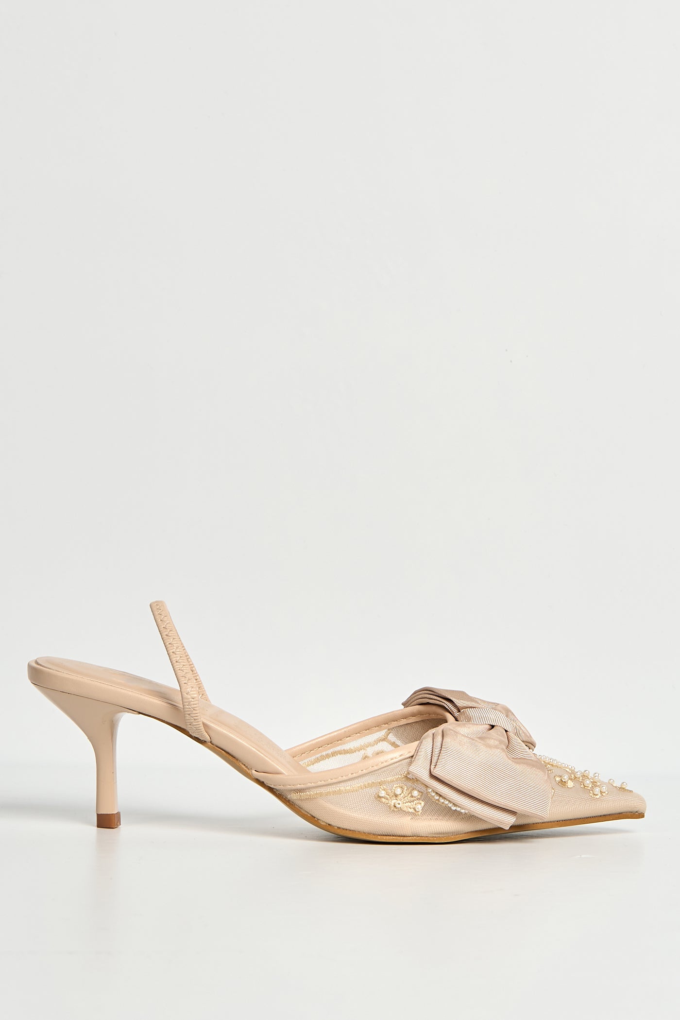 Seren Embellished Mesh And Bow Slingback Court Shoes In Beige LOLA5251-BEI