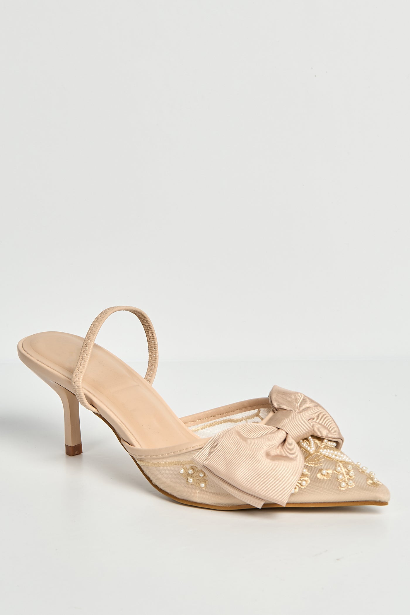 Seren Embellished Mesh And Bow Slingback Court Shoes In Beige LOLA5251-BEI