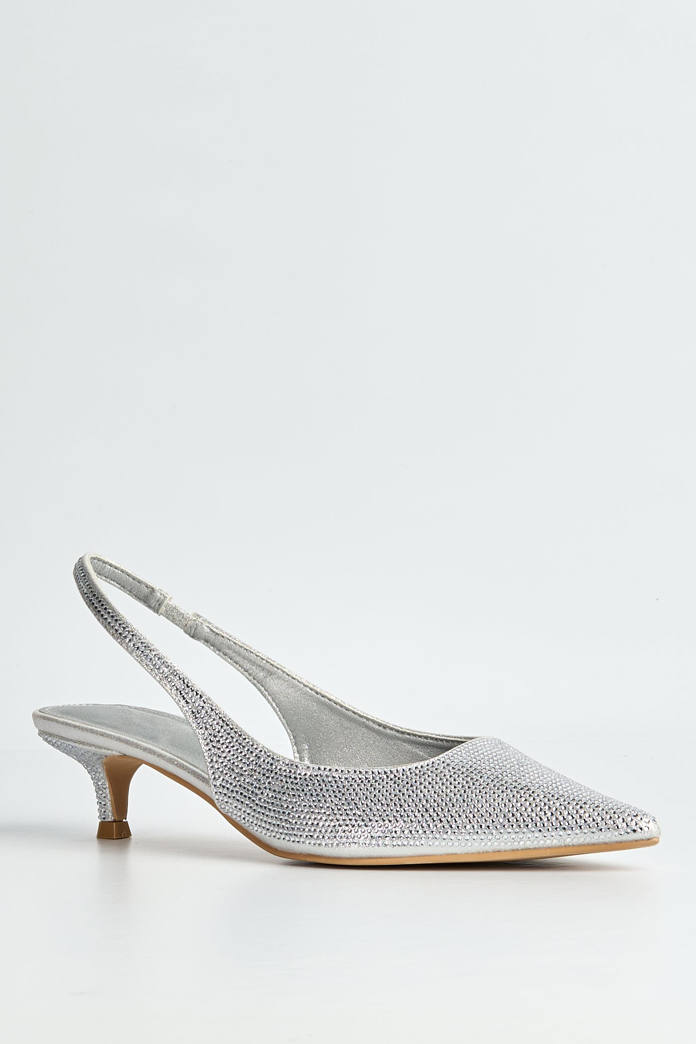 Celeste Diamante Embellished Slingback Low Heel Court Shoes In Silver P-1404-SVR