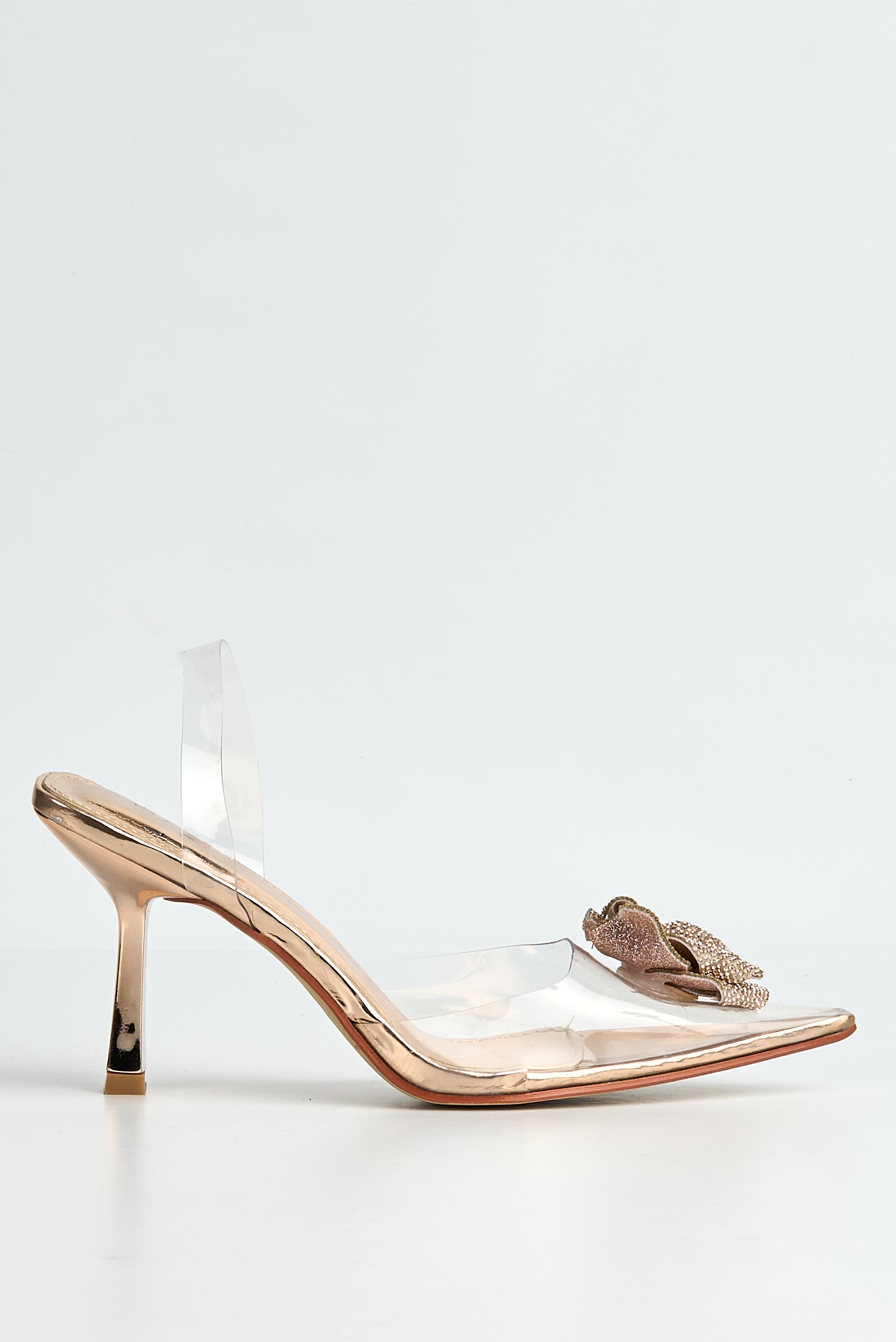 Rosela Diamante Rose Detail Pointed Toe Perspex Heels In Rose Gold GT-1-RGOL