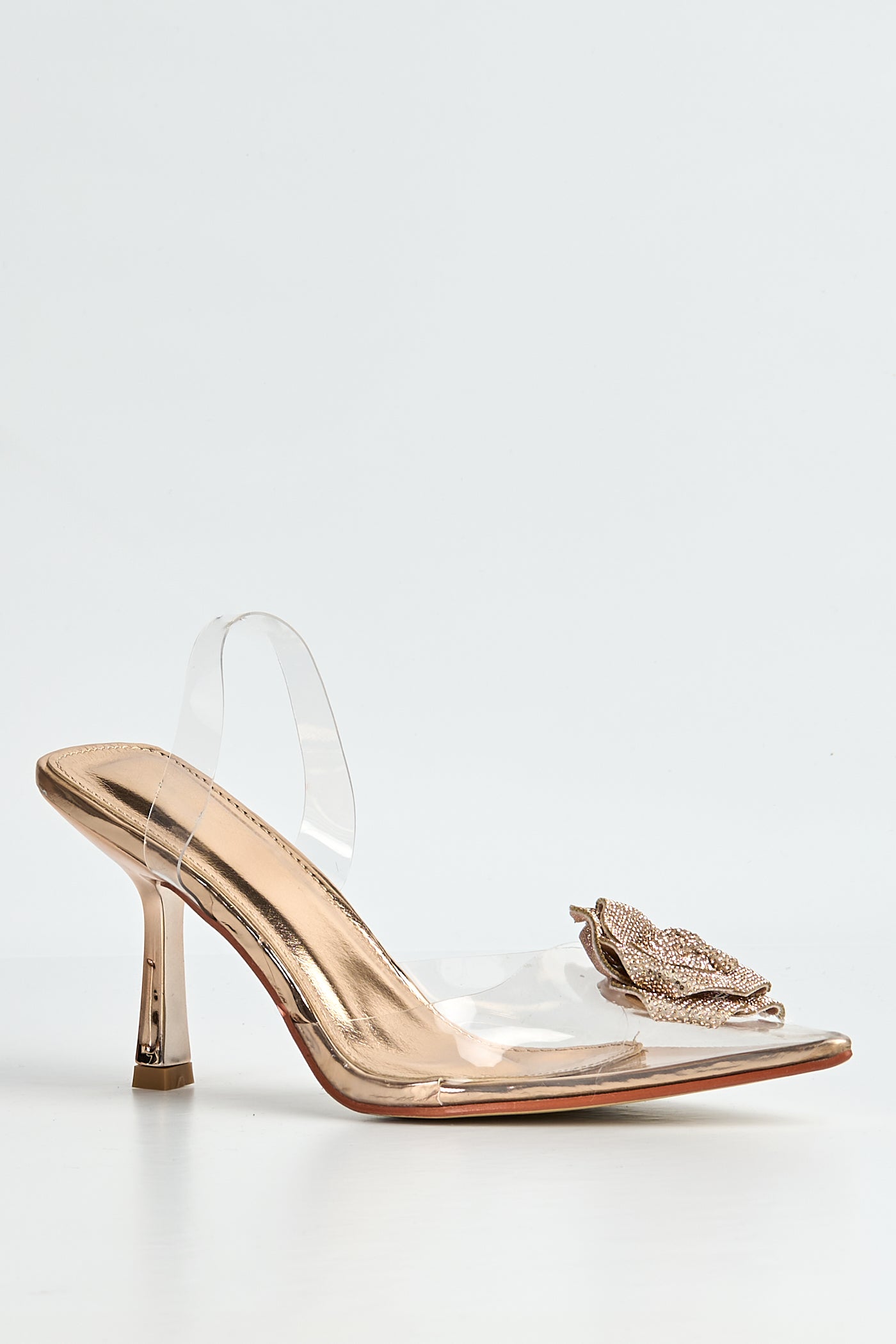 Rosela Diamante Rose Detail Pointed Toe Perspex Heels In Rose Gold GT-1-RGOL