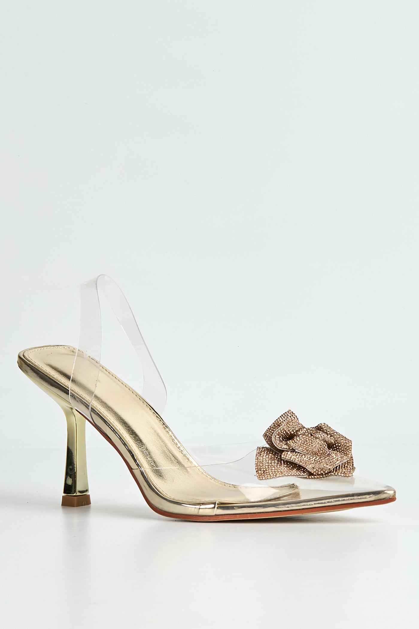 Rosela Diamante Rose Detail Pointed Toe Perspex Heels In Gold GT-1-GOL
