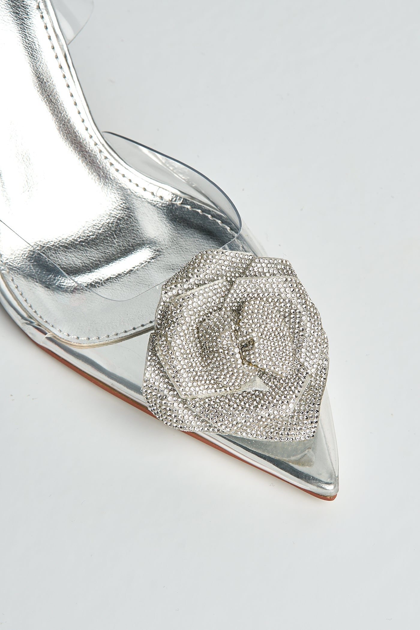 Rosela Diamante Rose Detail Pointed Toe Perspex Heels In Silver GT-1-SVR