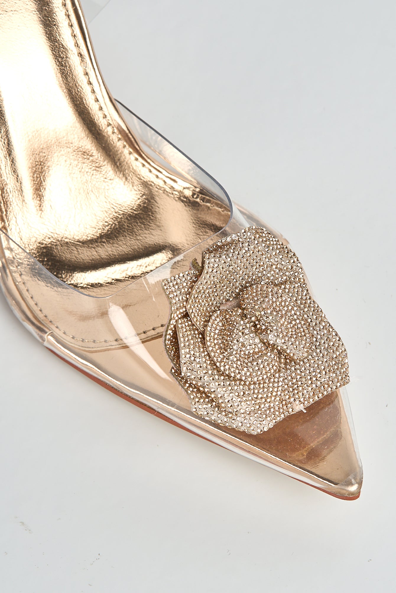 Rosela Diamante Rose Detail Pointed Toe Perspex Heels In Rose Gold GT-1-RGOL