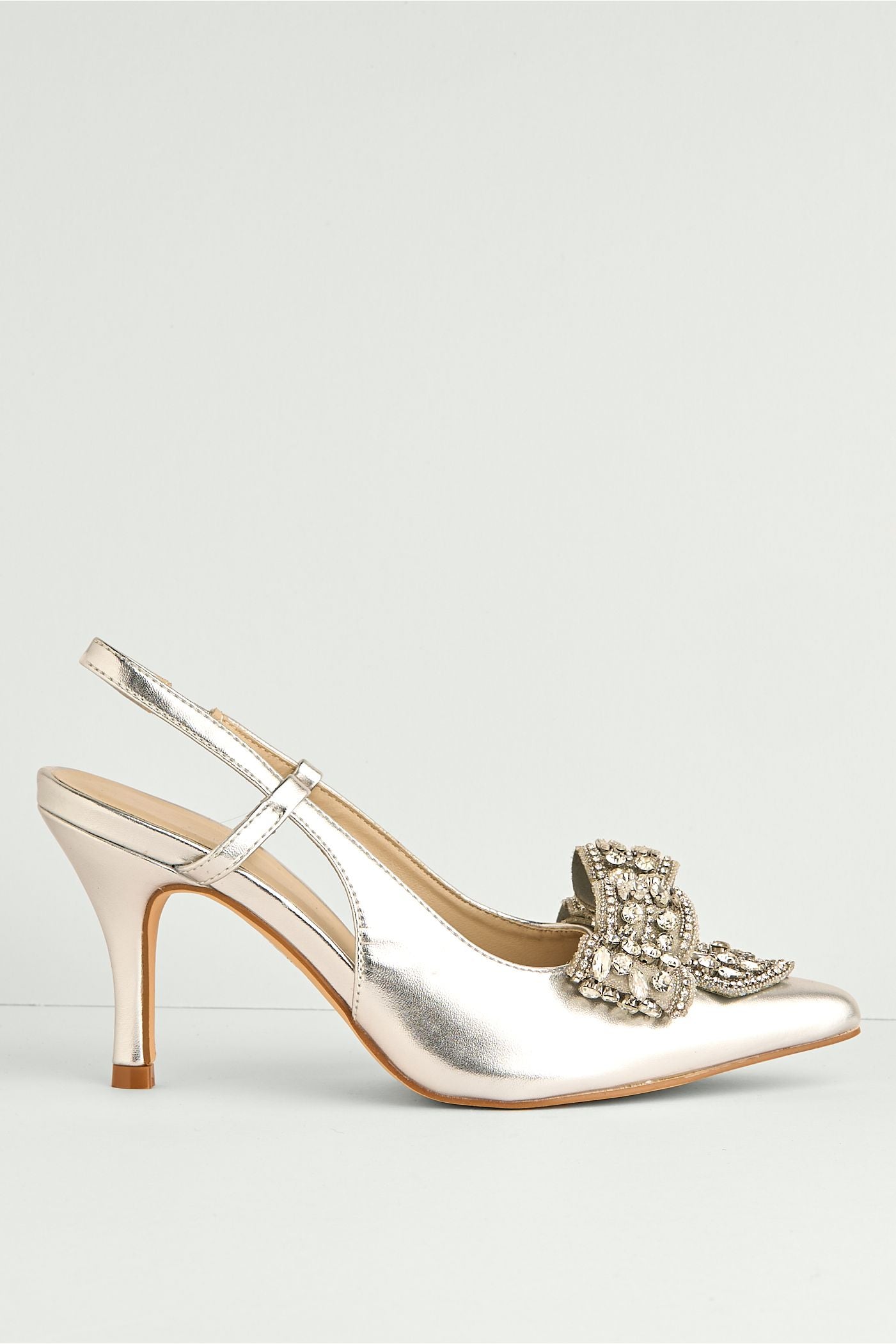 Celia Diamante Bow Pointed Toe Slingback Court Shoes In Silver DOVER61-SVR