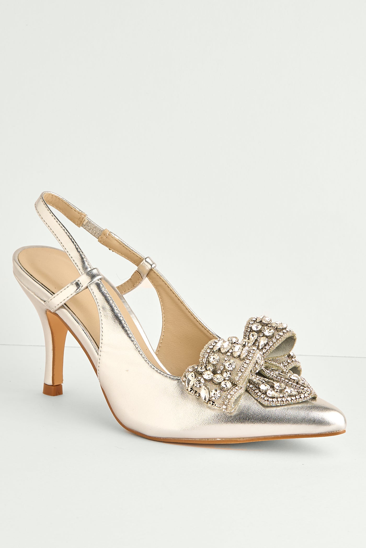 Celia Diamante Bow Pointed Toe Slingback Court Shoes In Silver DOVER61-SVR