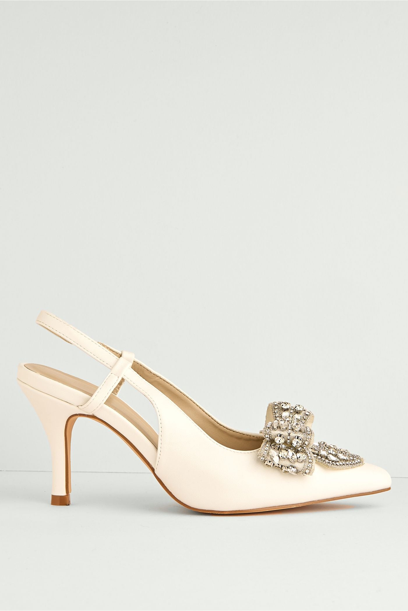 Celia Diamante Bow Pointed Toe Slingback Court Shoes In White DOVER61-WHT