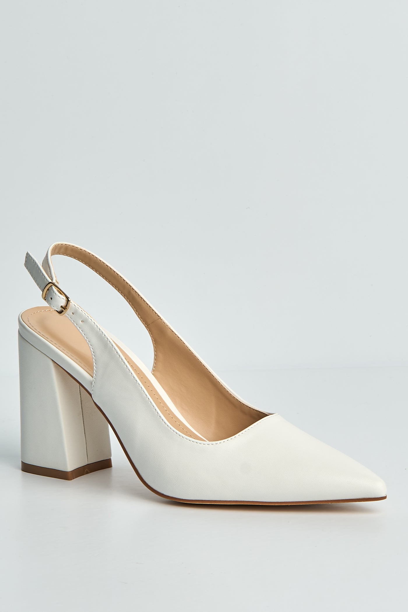 Kayra Pointed Toe Slingback Block Heel Court Shoes In White PU HOGAN1-WHTPU