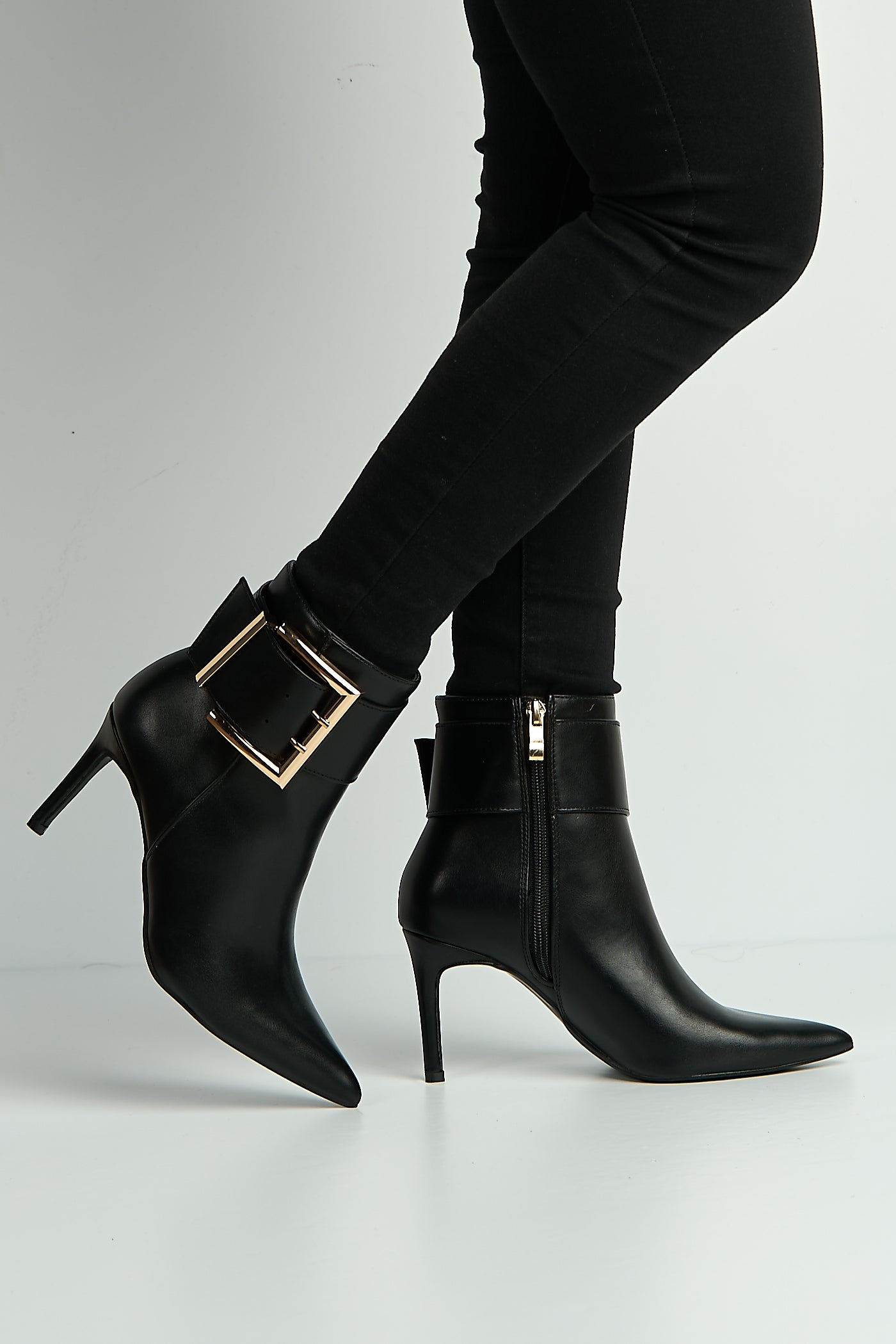 Daphne Gold Buckle Detail Pointed Toe Ankle Boots In Black X118-A6-BLK