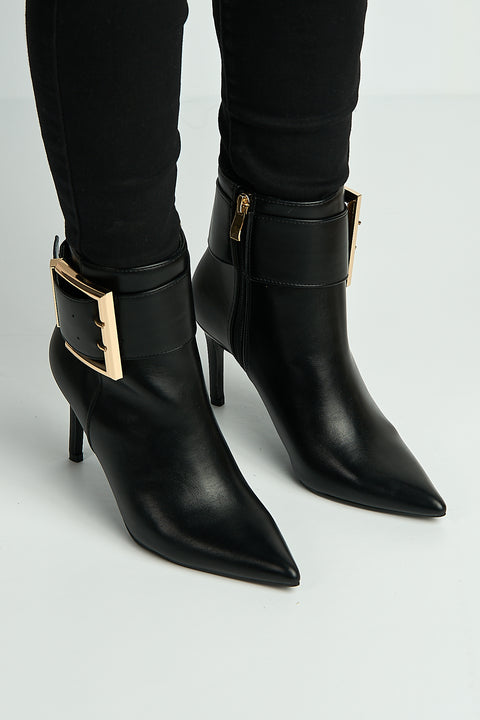 Daphne Gold Buckle Detail Pointed Toe Ankle Boots In Black by Miss Diva