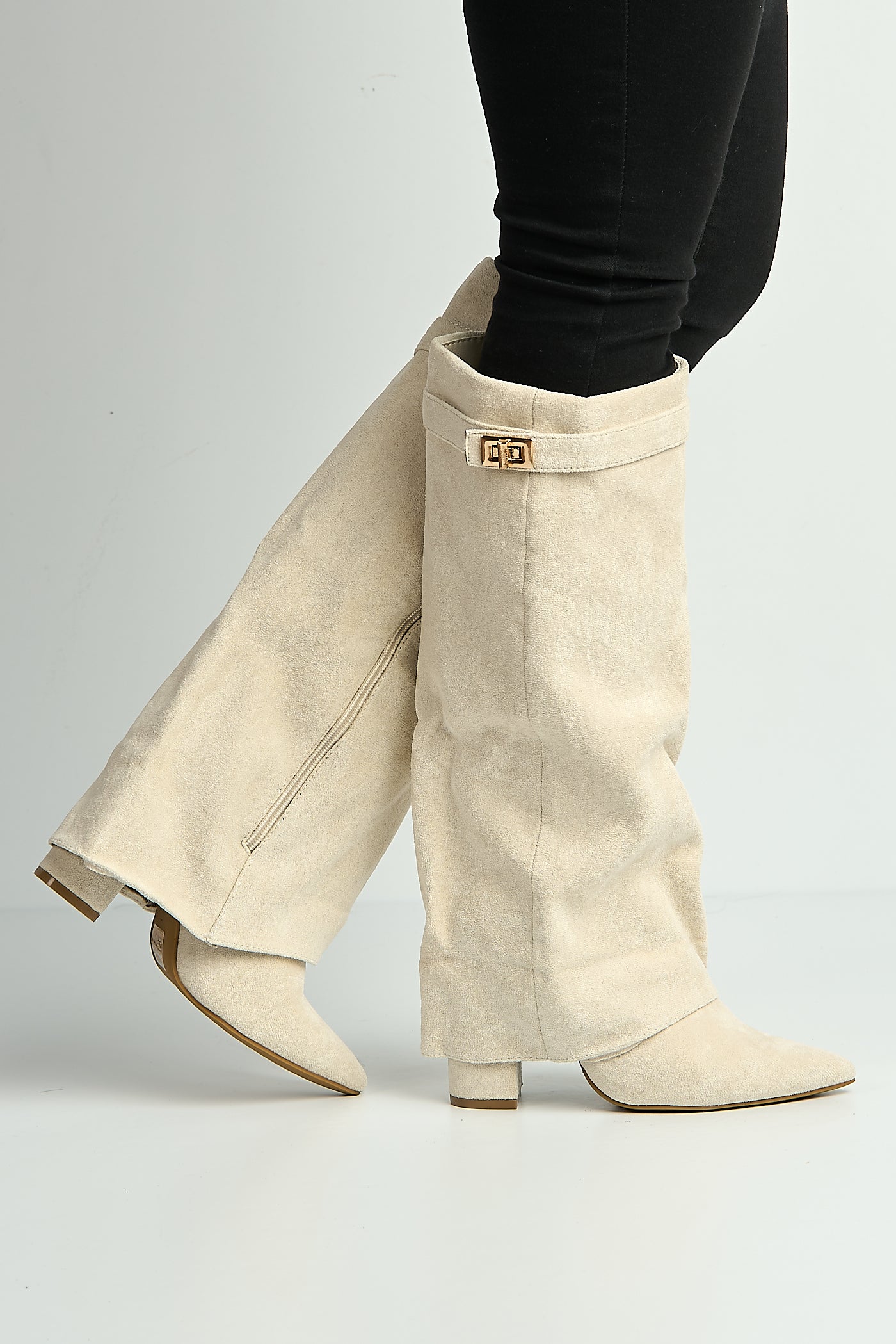 Ayla Block Heel Pointy Toe Gold Trim Buckle Collar Covered Calfboots In Cream Suede BAILEYS14-CRESU
