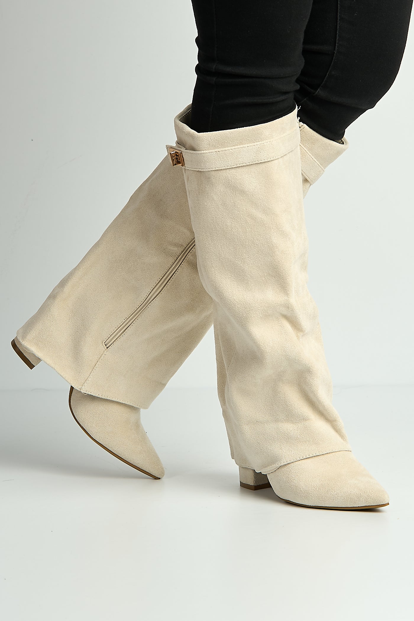 Ayla Block Heel Pointy Toe Gold Trim Buckle Collar Covered Calfboots In Cream Suede BAILEYS14-CRESU
