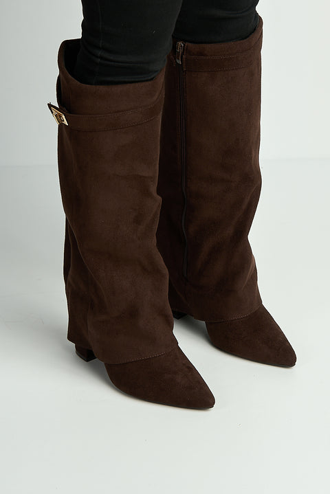 Ayla Block Heel Pointy Toe Gold Trim Buckle Collar Covered Calfboots In Chocolate by Miss Diva