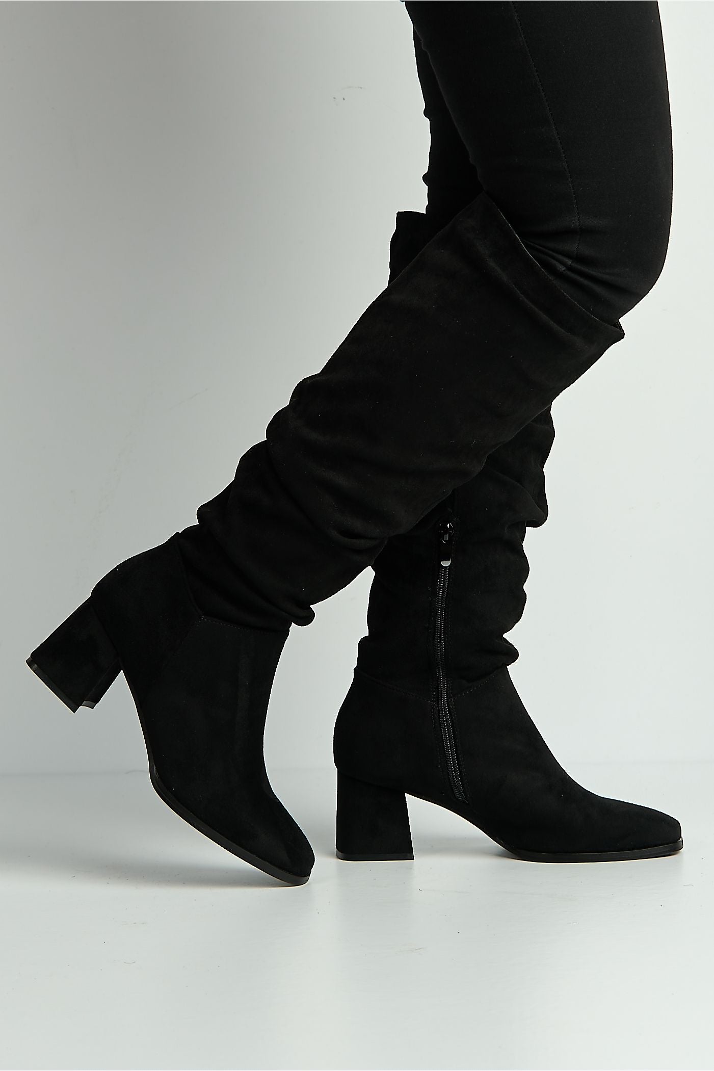 Giana Rouched Block Heel Knee High Boots In Black Suede LS9817-BLKSU