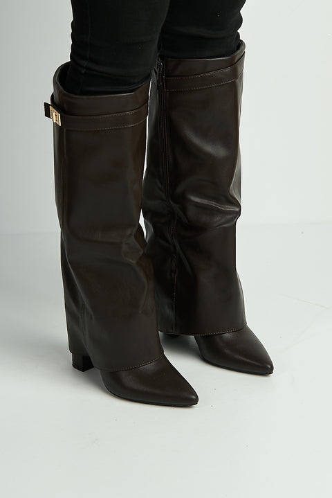 Ayla Block Heel Pointy Toe Gold Trim Buckle Collar Covered Calfboots In Brown Matt by Miss Diva
