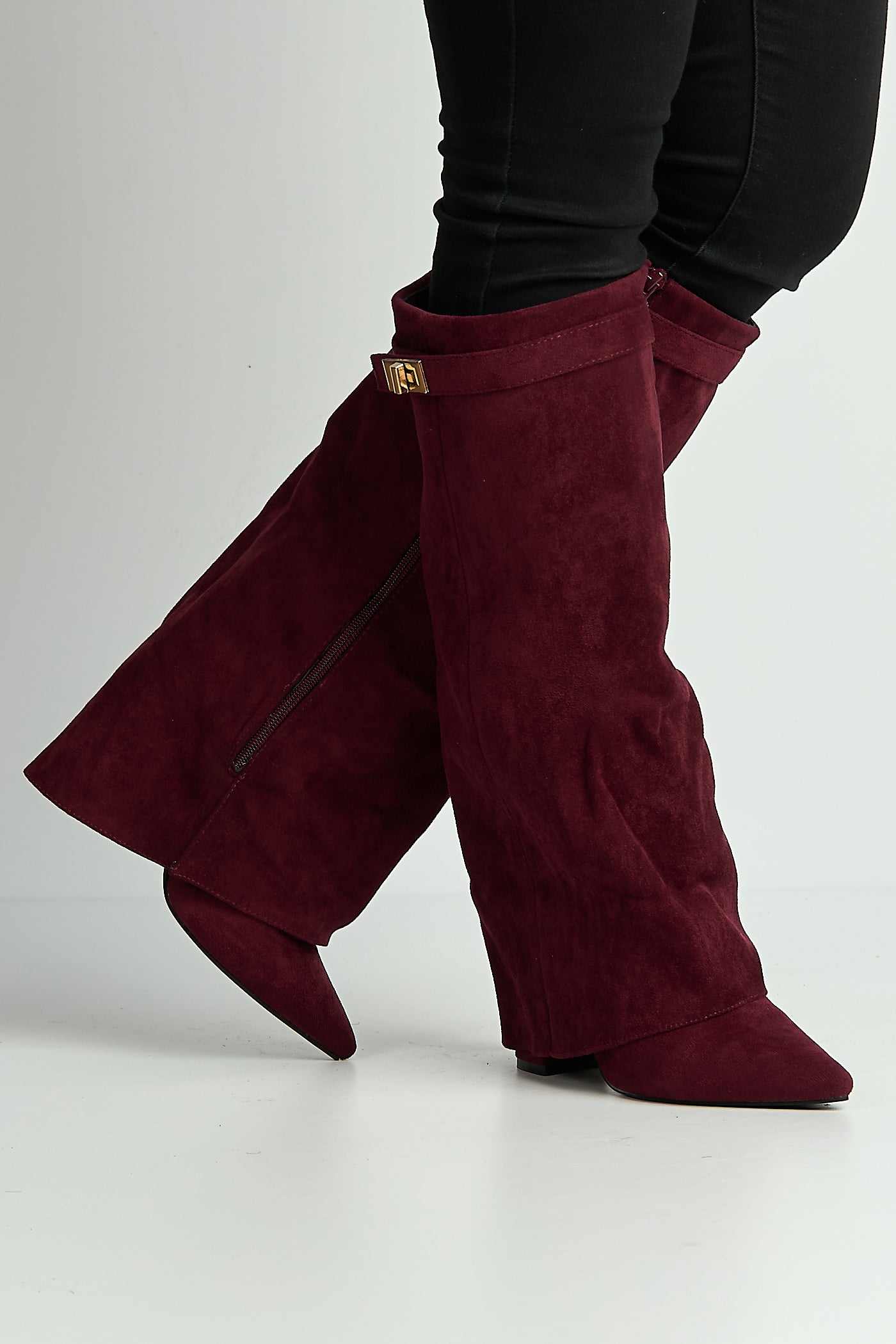 Ayla Block Heel Pointy Toe Gold Trim Buckle Collar Covered Calfboots In Wine Suede BAILEYS14-WINSU
