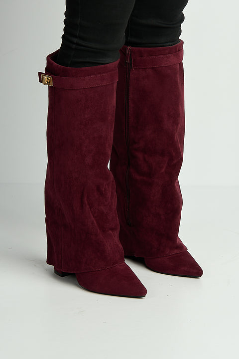 Ayla Block Heel Pointy Toe Gold Trim Buckle Collar Covered Calfboots In Wine Suede by Miss Diva