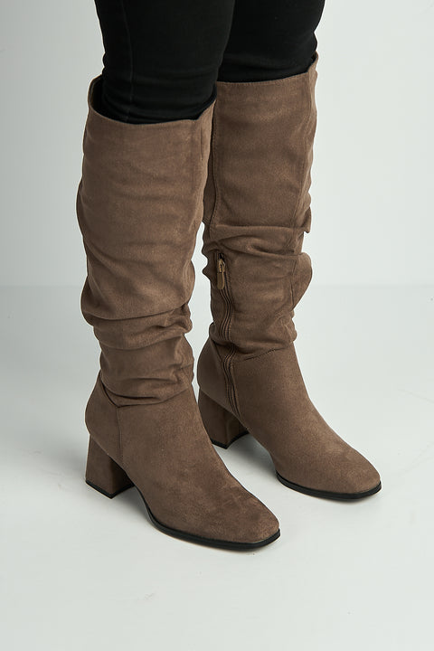 Giana Rouched Block Heel Knee High Boots In Taupe Suede by Miss Diva