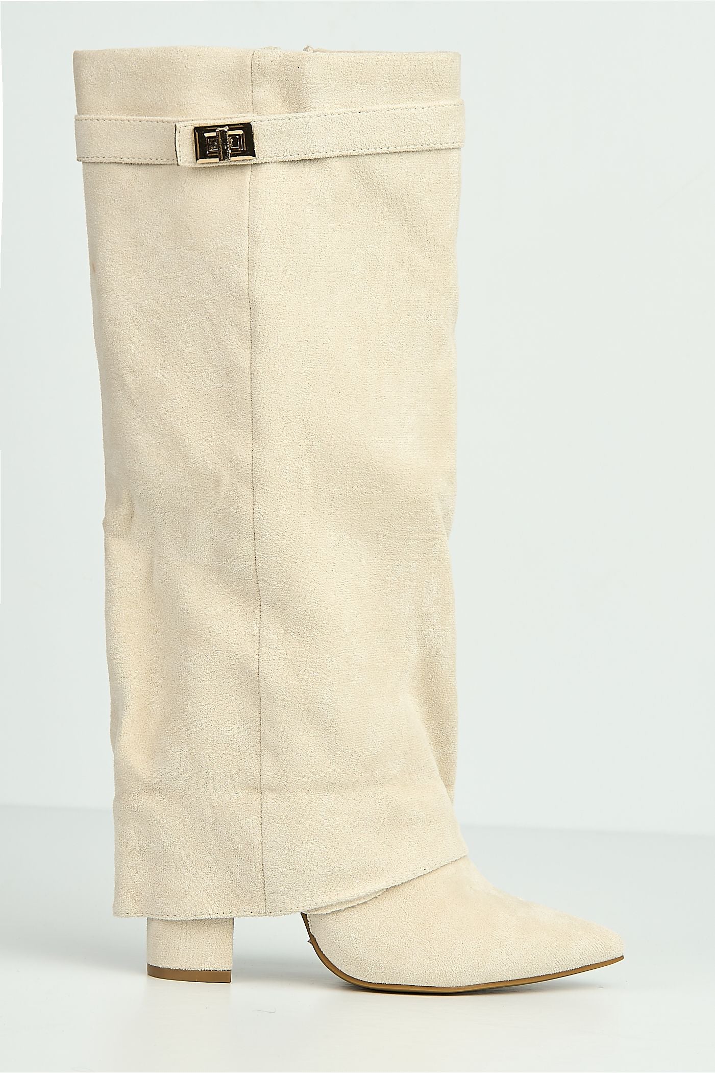 Ayla Block Heel Pointy Toe Gold Trim Buckle Collar Covered Calfboots In Cream Suede BAILEYS14-CRESU