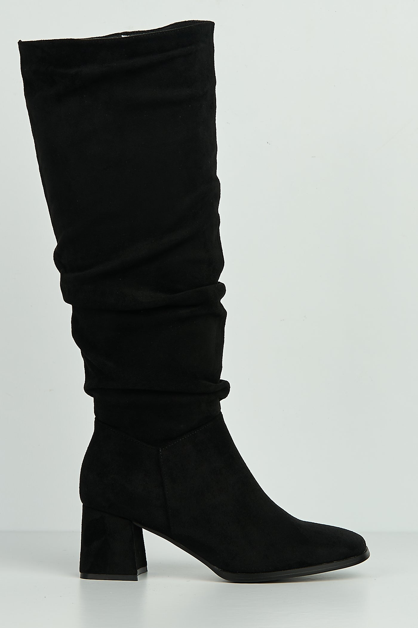 Giana Rouched Block Heel Knee High Boots In Black Suede LS9817-BLKSU