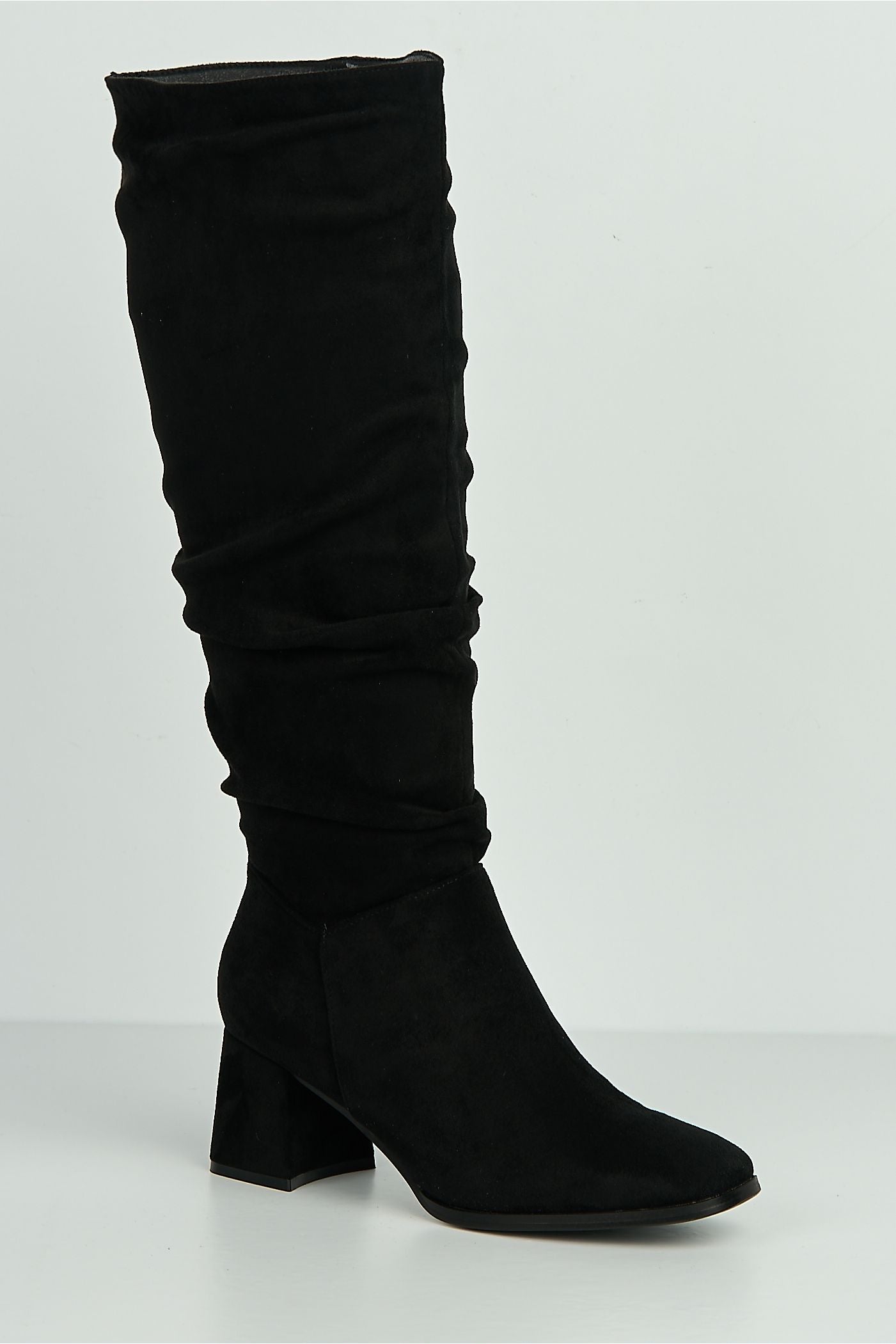 Giana Rouched Block Heel Knee High Boots In Black Suede LS9817-BLKSU