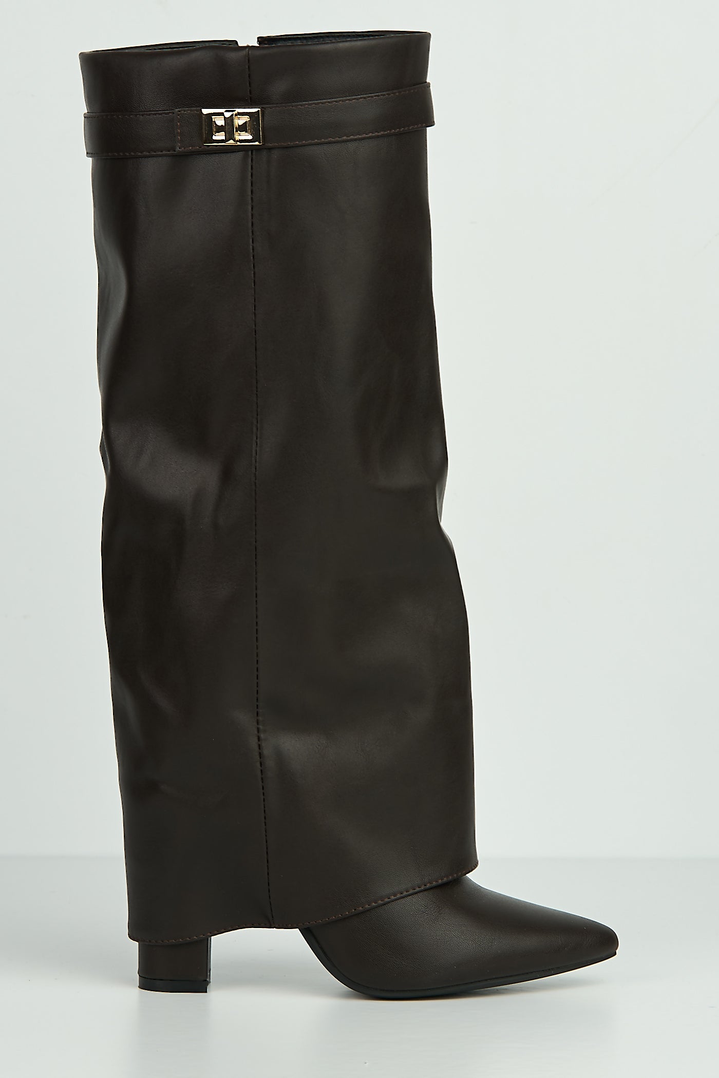 Ayla Block Heel Pointy Toe Gold Trim Buckle Collar Covered Calfboots In Brown Matt BAILEYS14-BRNMT