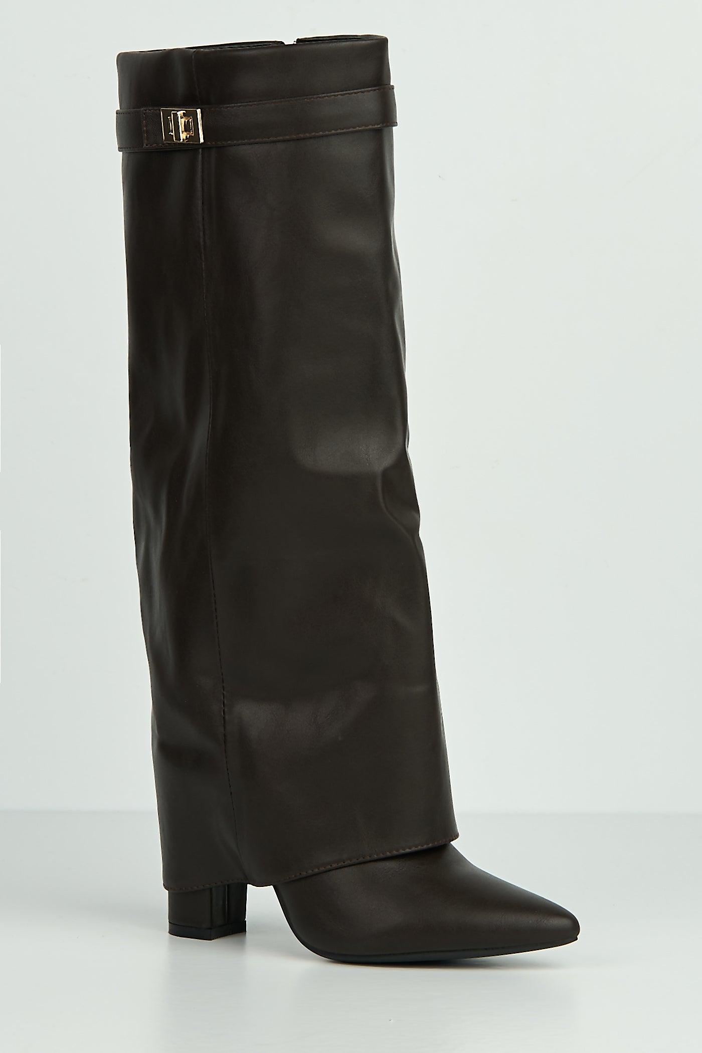 Ayla Block Heel Pointy Toe Gold Trim Buckle Collar Covered Calfboots In Brown Matt BAILEYS14-BRNMT