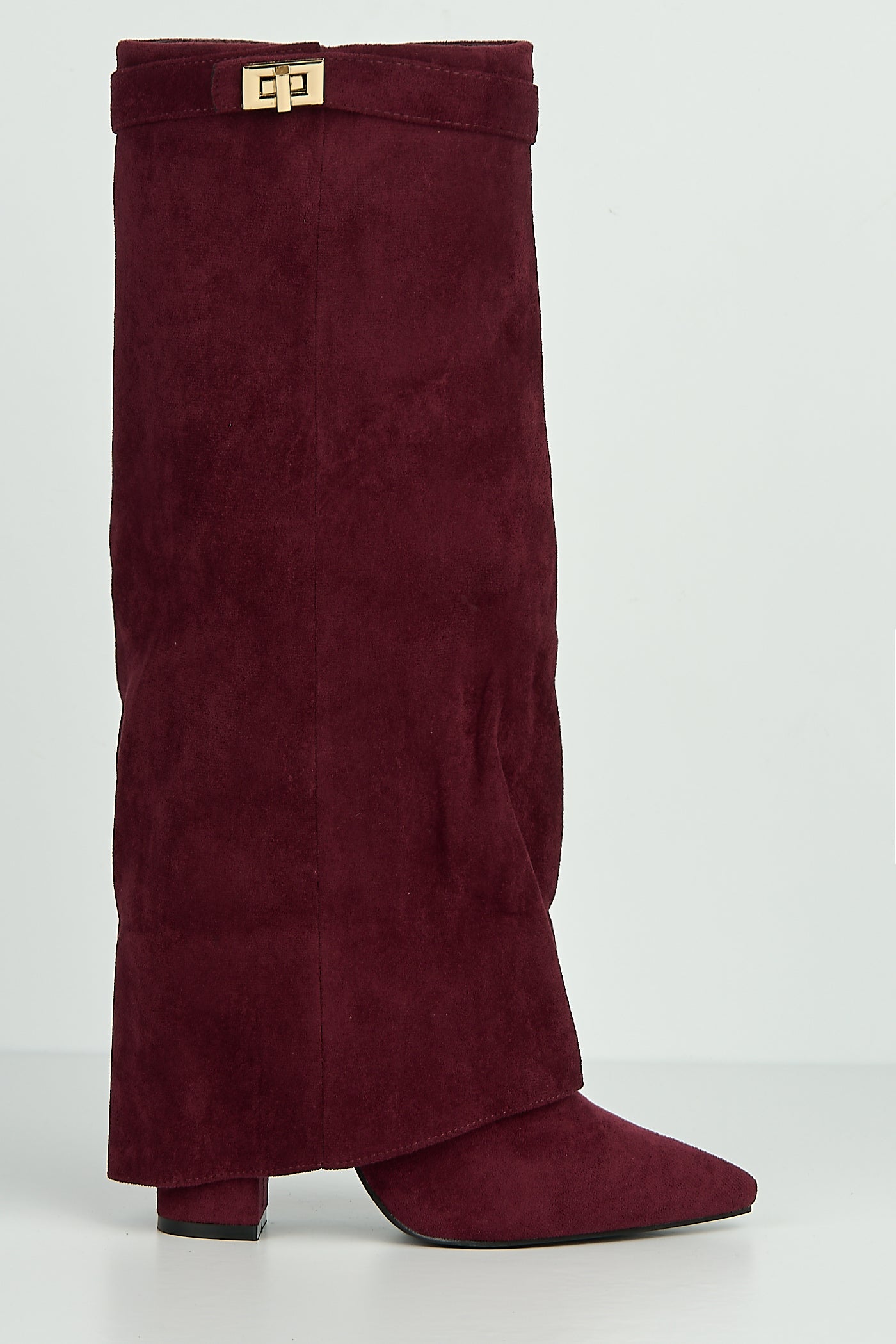Ayla Block Heel Pointy Toe Gold Trim Buckle Collar Covered Calfboots In Wine Suede BAILEYS14-WINSU