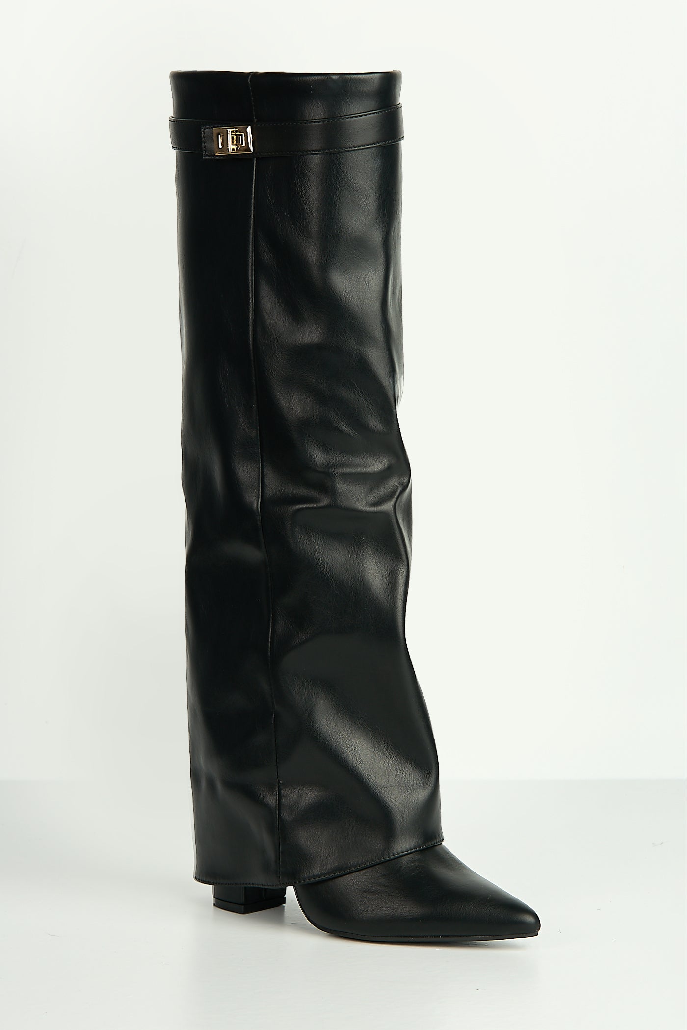 Ayma Knee High Block Heel Gold Trim Buckle Collar Boot In Black Matt RANGER11-BLKMT