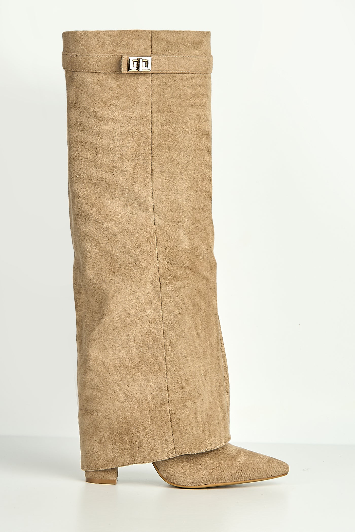 Ayma Knee High Block Heel Gold Trim Buckle Collar Boot In Taupe Suede RANGER11-TAUSU