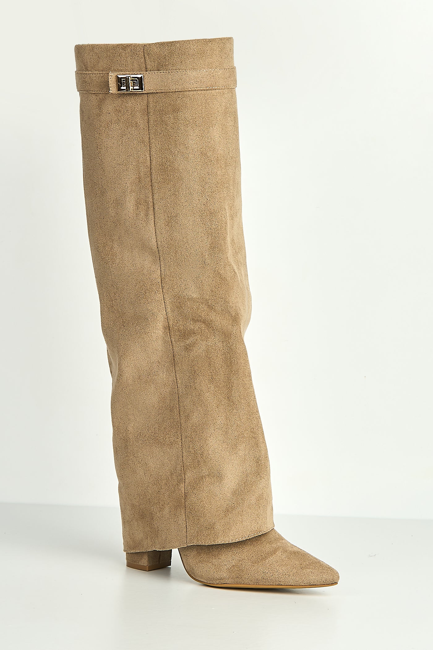 Ayma Knee High Block Heel Gold Trim Buckle Collar Boot In Taupe Suede RANGER11-TAUSU