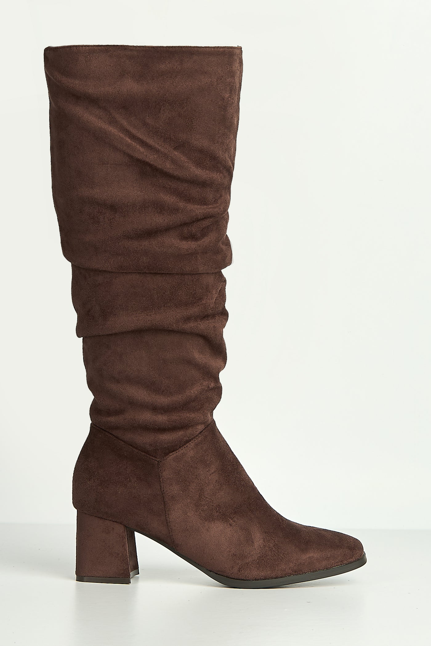 Giana Rouched Block Heel Knee High Boots In Chocolate LS9817-CHOC