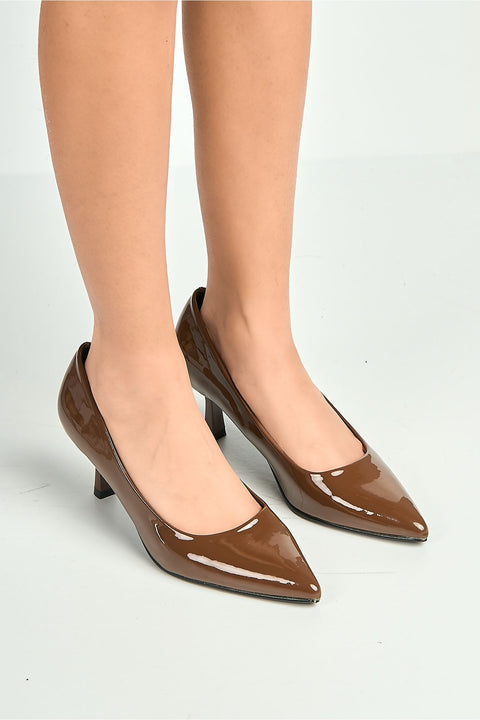 Aranea Pointed Toe Court Shoes In Brown by Miss Diva