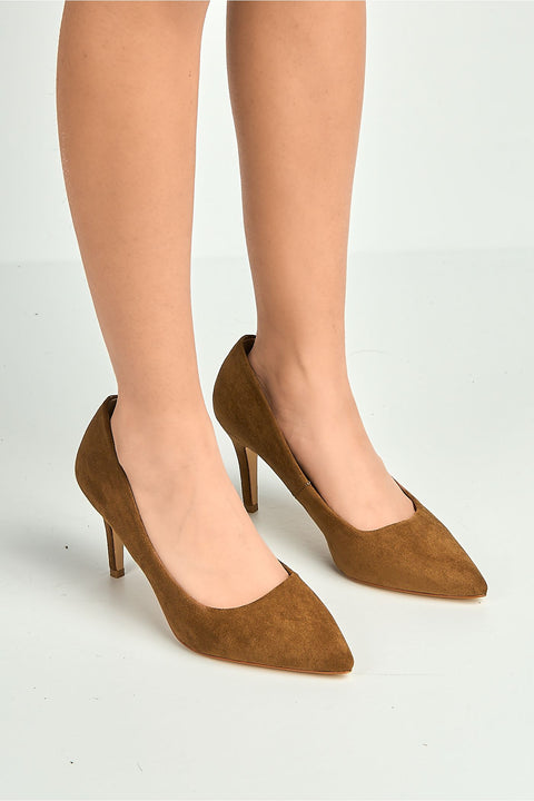 Ingrid Pointed Toe Court Heels In Tan Suede by Miss Diva