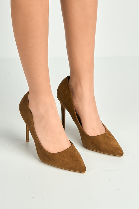 Mila High Stiletto Faux Sued Heel Court Shoe In Tan Suede by Miss Diva