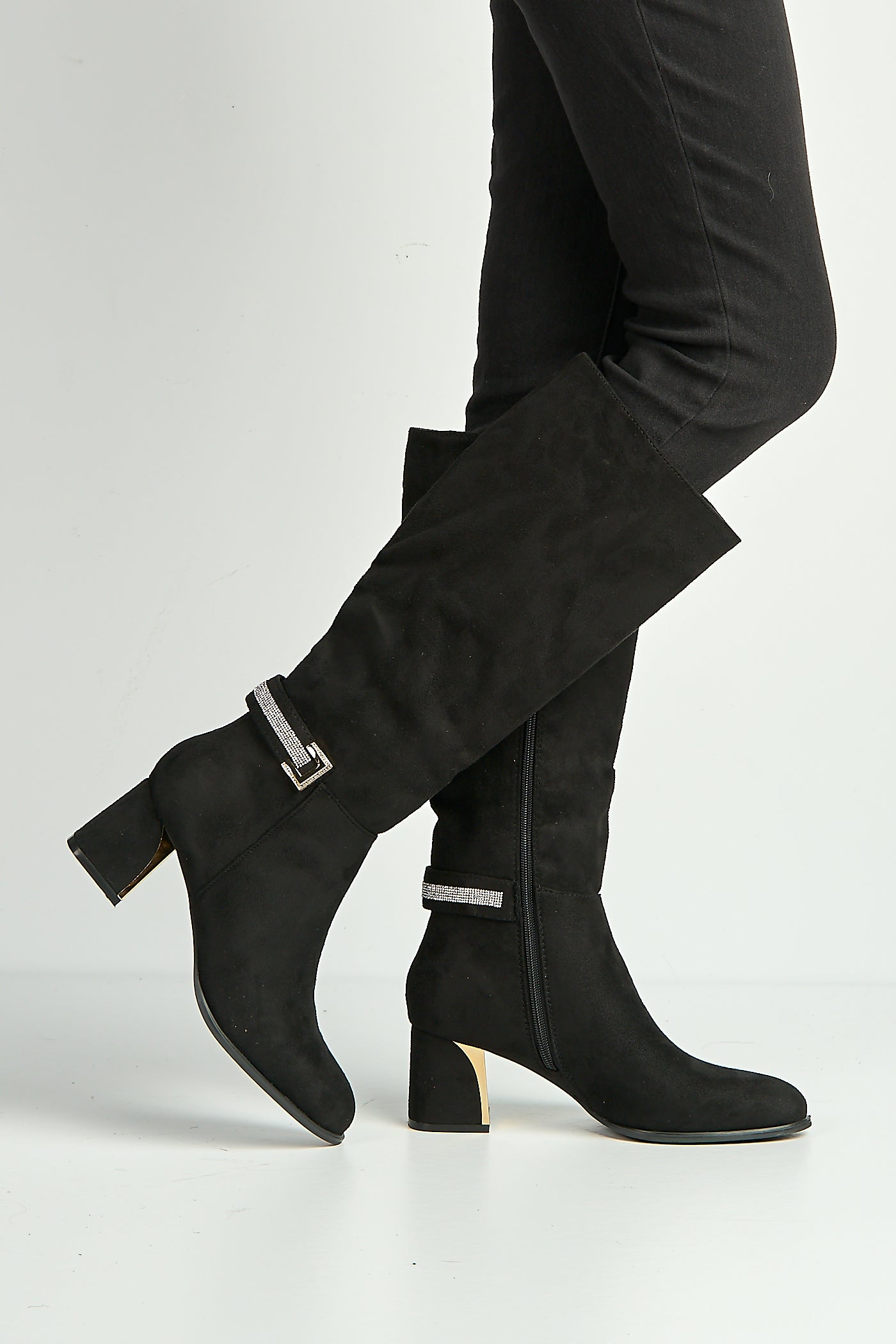 Serenity Gold & Diamante Trim Block Heel Knee High Boots In Black CARAMEL2-BLKSU