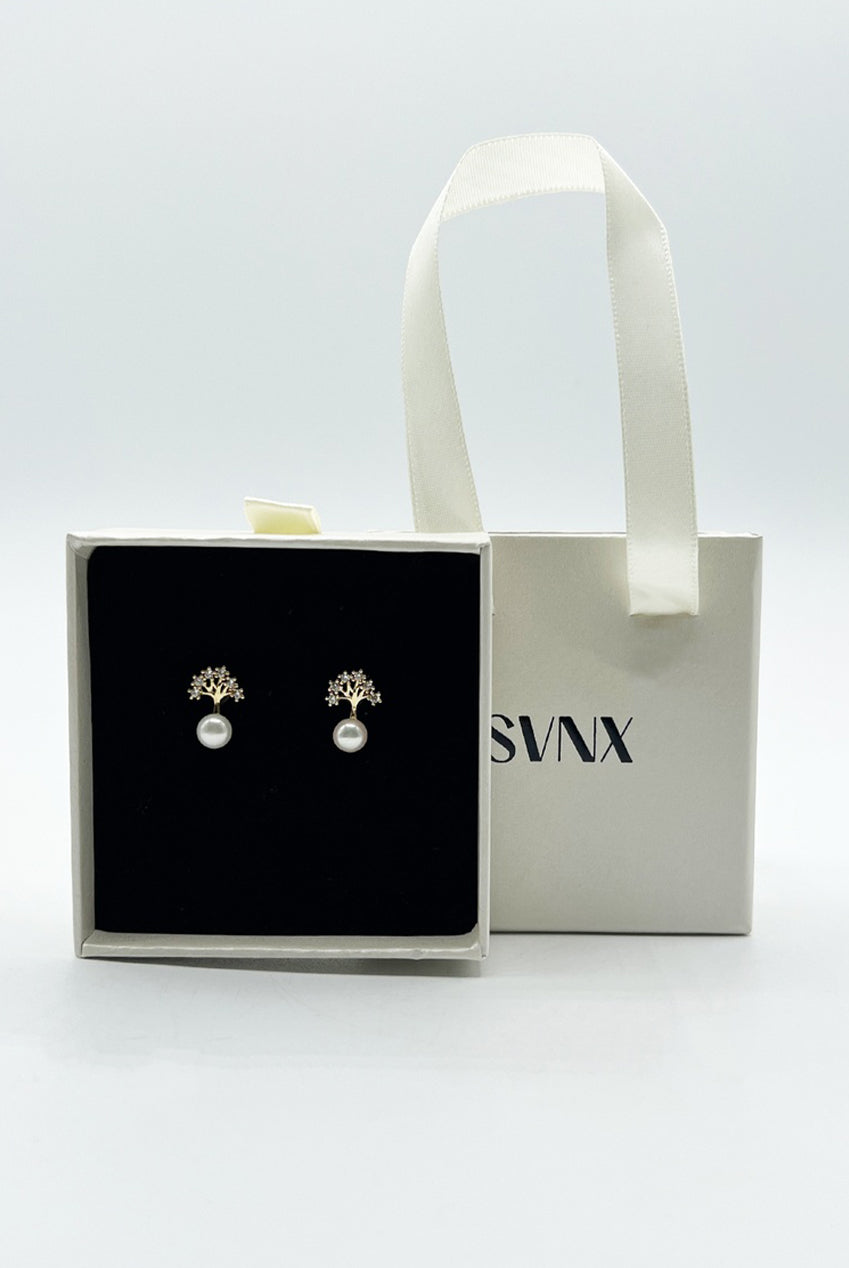 Pearl Stud Earring With Diamante Tree In Gold - Gift Boxed JE315924