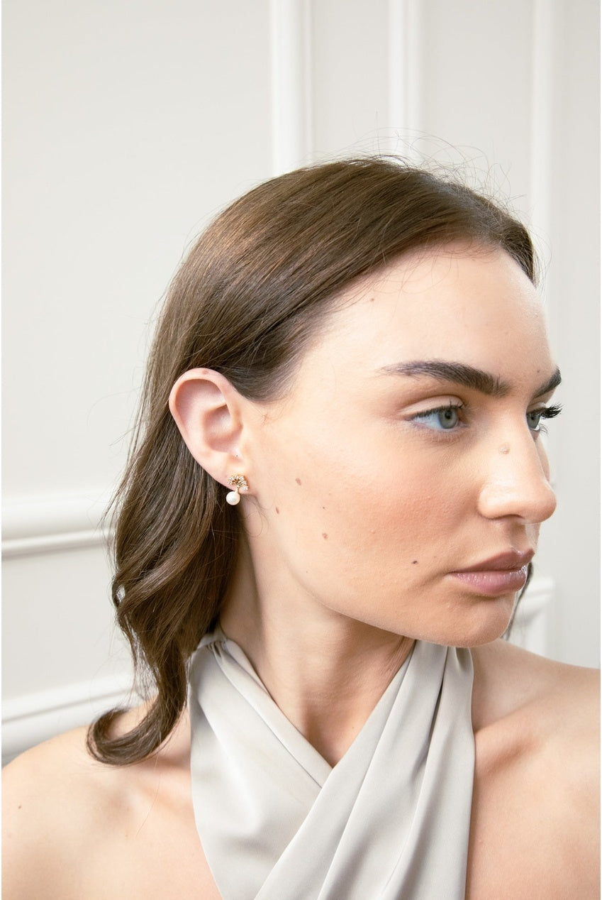Pearl Stud Earring With Diamante Tree In Gold - Gift Boxed JE315924