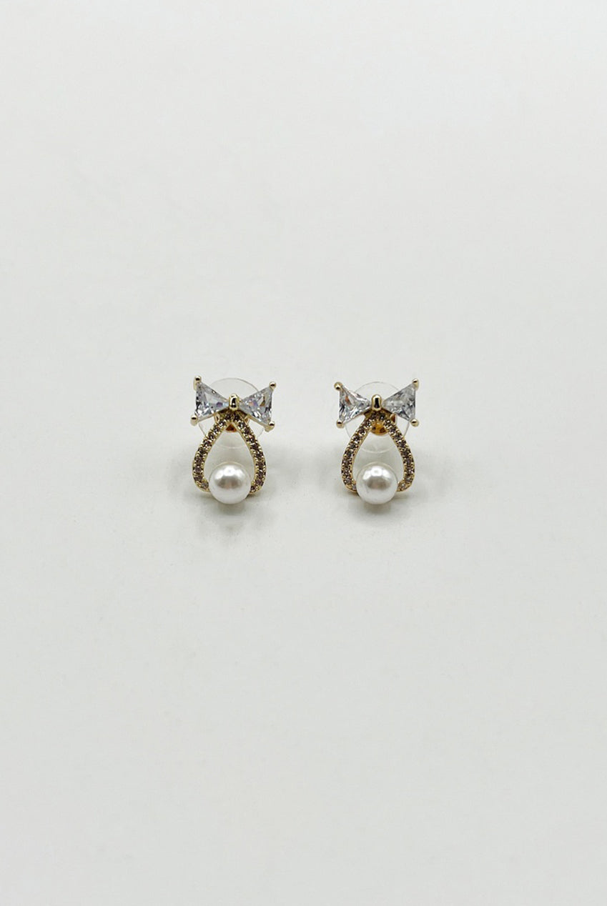 Studded Bow Earrings With Hanging Pearl In Gold - Gift Boxed JE316724