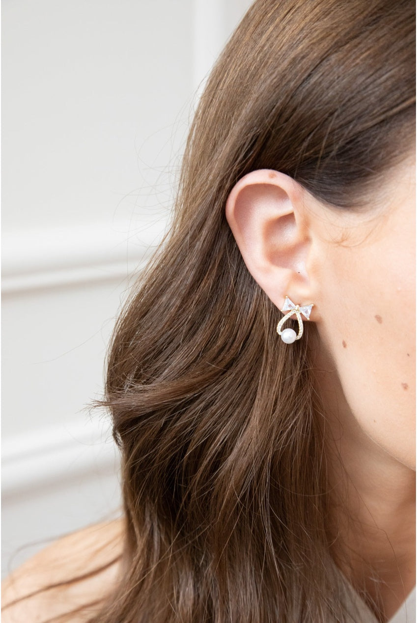 Studded Bow Earrings With Hanging Pearl In Gold - Gift Boxed JE316724