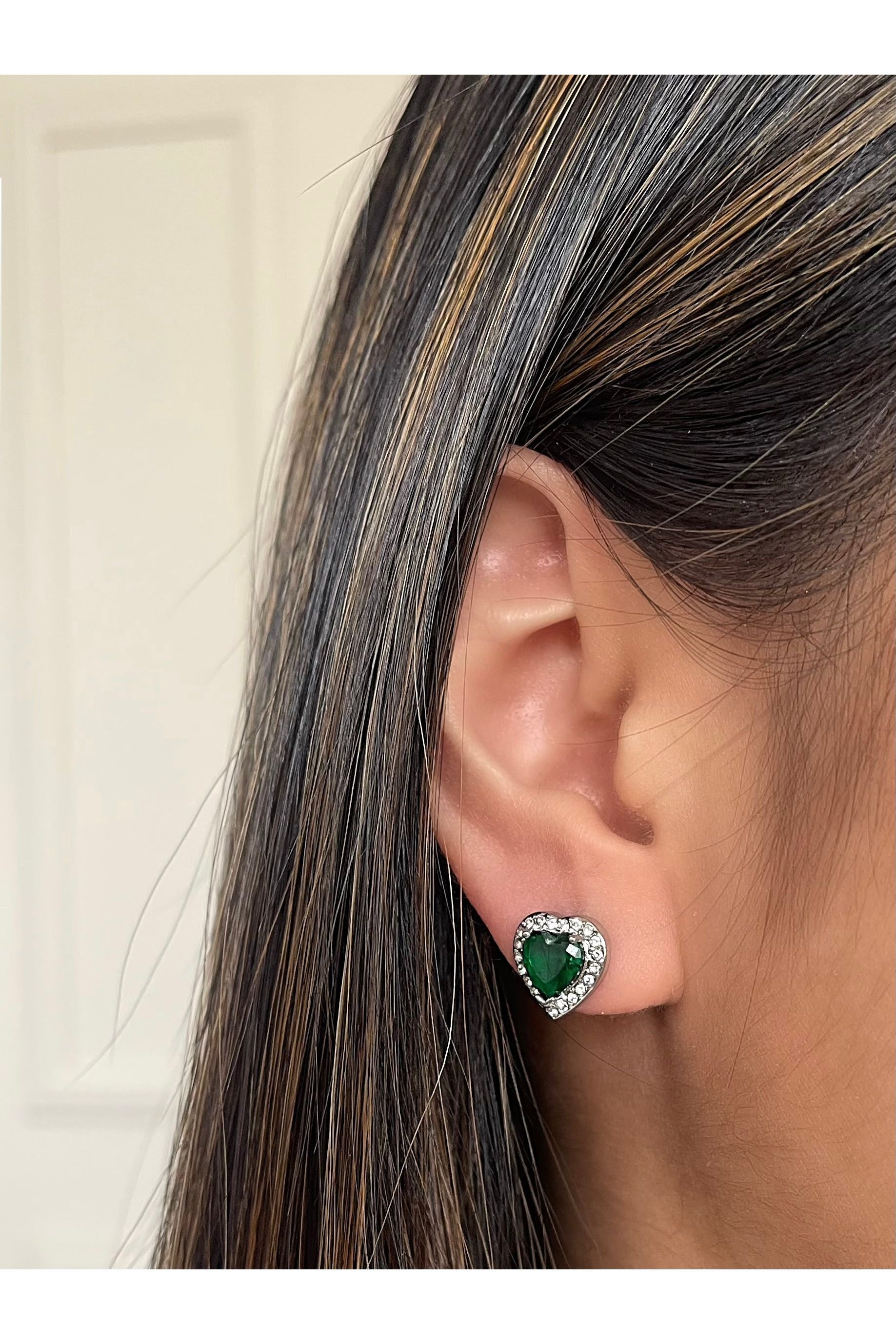 Green Diamante Heart Necklace And Earrings Set In Silver JE400421