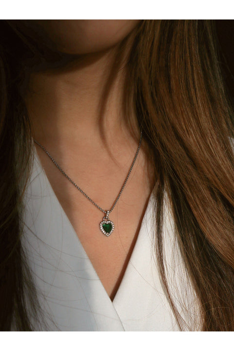 Green Diamante Heart Necklace And Earrings Set In Silver by SVNX