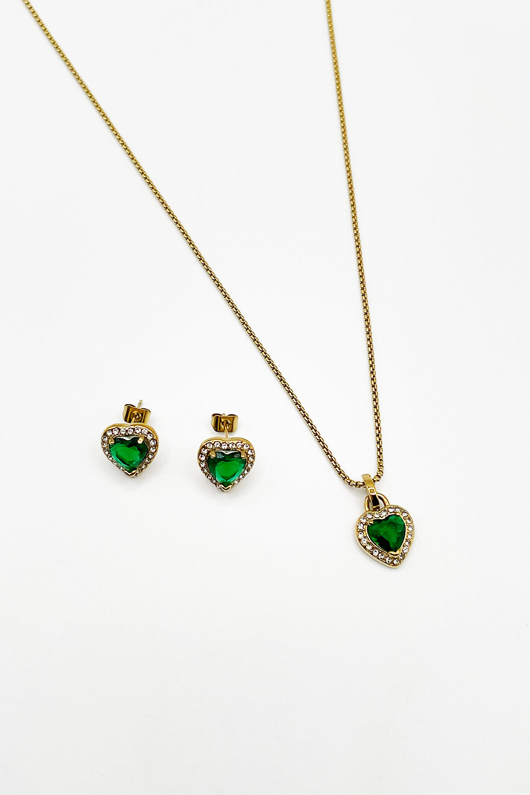 Emerald Green Diamante Heart Necklace & Earrings Set In Gold - Gift Boxed JE400424