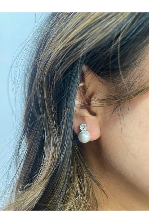 Pearl Diamante Earrings In Silver by SVNX