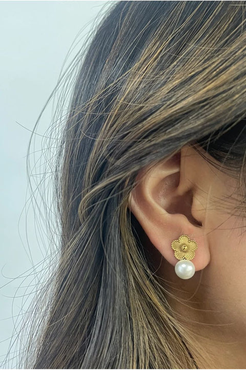 Floral Pearl Stud Earrings In Gold by SVNX