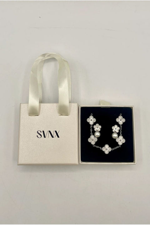 Clover Bracelet & Earrings With Pearl Detail In Silver by SVNX