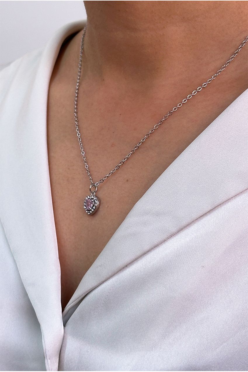 Pink Crystal Heart Pendant Necklace In Silver - Gift Boxed JE410009