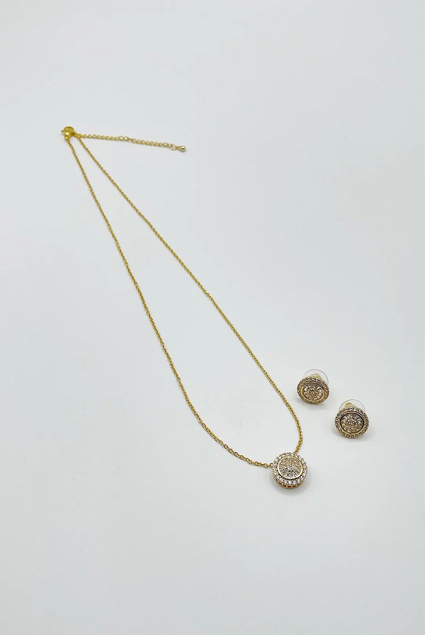 Diamante Halo Necklace & Earrings Set In Gold With Gift Box JE413024